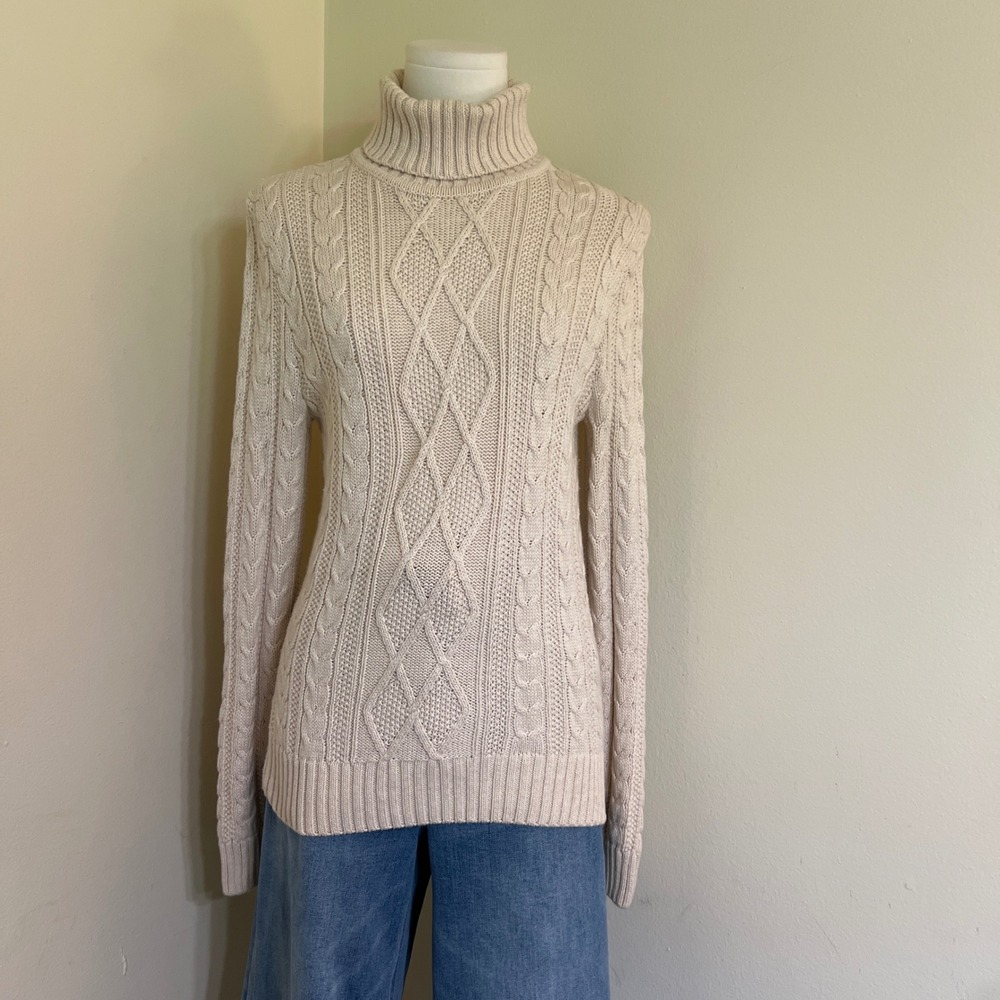 Wainscott Women Beige Cable Knit Turtleneck Sweater 100% Cotton Small